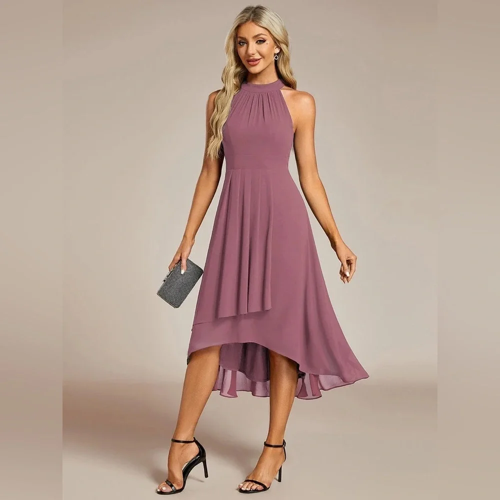 high neck midi wedding guest dress Green Coast High Neck Stretch Crepe Full Skirt Midi Wedding Guest Dress